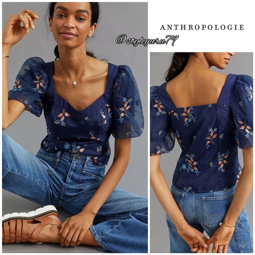 Anthropologie Blue Puff Sleeve Fitted Blouse